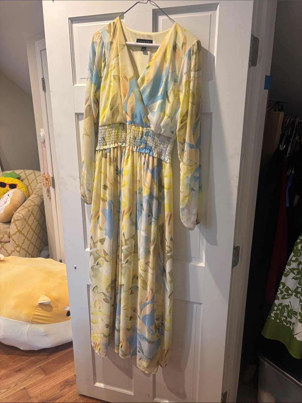 Pastel Yellow & Light Blue Floral Wrap Maxi Dress